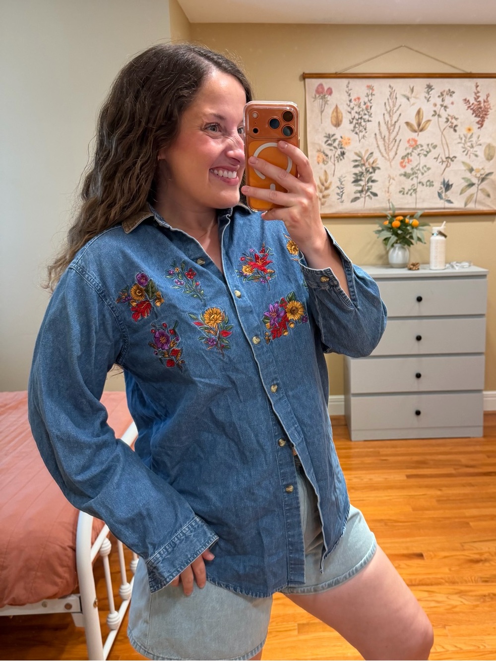 Vintage Fall Denim Floral Embroidered Women’s Button-Up Shirt - Blue Medium